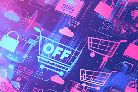 A vibrant abstract background depicting online shopping with multiple digital shopping carts, product icons, and a bold 50% off text.の素材