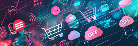 Abstract digital background representing an online sale with shopping carts, icons, and 50% off text.の素材