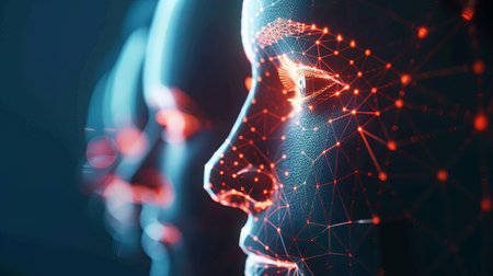 A close-up of a digitized face with red glowing lines and points mapping out its features.の素材