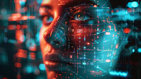 A close-up image of a persons face covered in a vibrant digital overlay, representing the concept of facial recognition technology.の素材