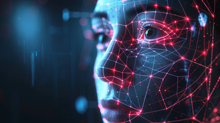 A close-up of a face with a red and blue digital mesh overlay, illustrating the concept of facial recognition technology.の素材