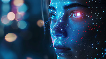 A close-up image depicting a persons face illuminated by a futuristic facial recognition system.の素材