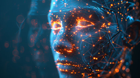 A futuristic representation of facial recognition technology, showing a digital face constructed from glowing lines and points of light.の素材
