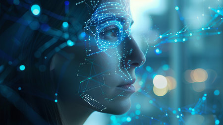 A womans face is overlaid with a digital grid, showing the workings of facial recognition technology.の素材