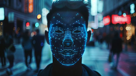 A man's face is scanned by a facial recognition system, his features transformed into a glowing blue digital grid.の素材
