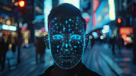A person walks through a city at night, their face illuminated by a glowing digital grid.の素材