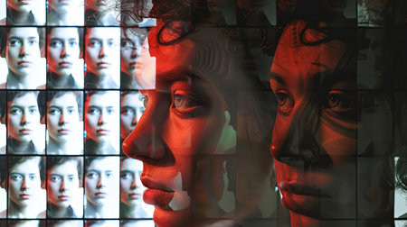 A close-up view of a digital display showing multiple faces, emphasizing the concept of facial recognition technology.の素材