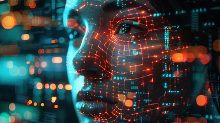 A close-up of a face overlaid with a network of glowing red lines, suggesting advanced facial recognition technology in a futuristic setting.の素材