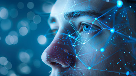 A close-up of a manâs face with a digital network overlay, illustrating the concept of facial recognition technology.の素材