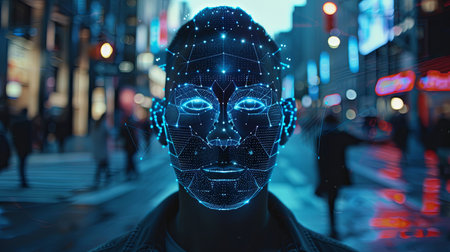 A persons face is digitally scanned in a busy urban setting, illuminated by bright neon lights.の素材