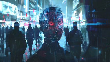 A person walks through a bustling city street, their face scanned by a facial recognition system.の素材