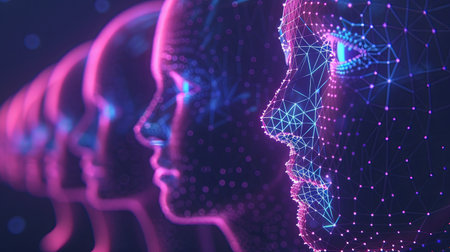 Abstract representation of facial recognition technology with glowing profiles.の素材