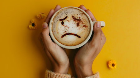 Closeup of hands holding a coffee cup with a sad face drawn on the foam.の素材