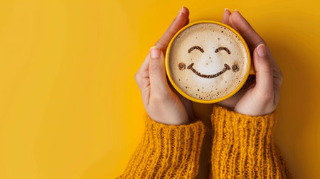 Closeup of womans hands holding a yellow mug with a coffee smiling face design.の素材