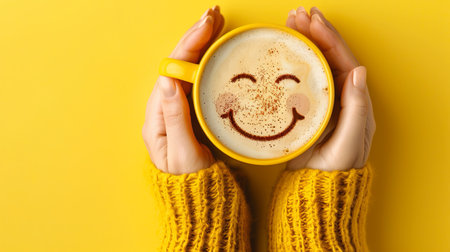 Closeup view of a womans hands holding a yellow coffee cup with a smiley face drawn in cinnamon on top of the coffee. The cup is against a bright yellow background.の素材