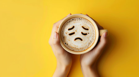 A person holds a coffee cup with a sad face drawn on the foam, captured from a top-down perspective against a bright yellow background.の素材