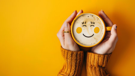 A close-up view of hands holding a coffee cup with a smiling face drawn in the foam, against a bright yellow background.の素材