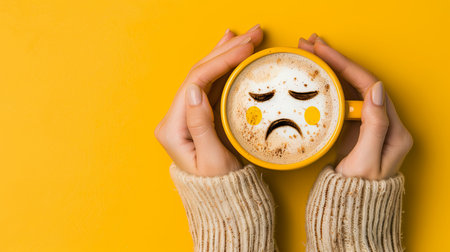 A close-up image of a womans hands holding a coffee cup with a sad face drawn in the coffee foam. The photo is taken from a top view angle against a vibrant yellow background.の素材