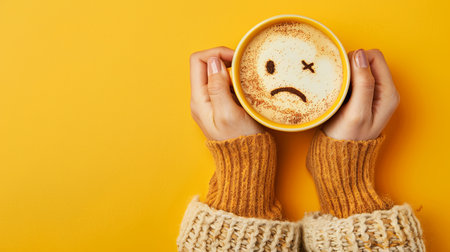 A close-up view of a womans hands holding a coffee cup. The coffee has a cheerful face drawn on it, creating a playful and happy image.の素材