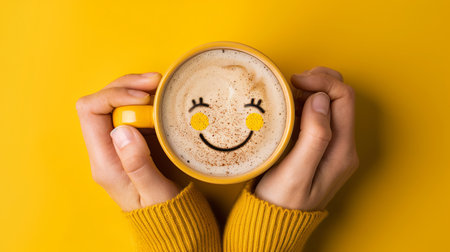 Overhead view of a womans hands holding a yellow mug filled with coffee. The coffee is topped with a smiling face.の素材