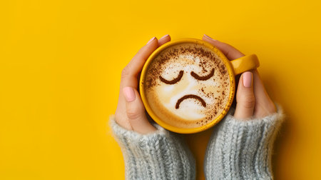 A womans hands holding a coffee cup with a sad face drawn in the coffee, against a bright yellow background.の素材