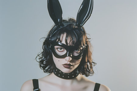 A medium shot of a woman in a black bunny mask, airbrushed for a comic book illustration.の素材