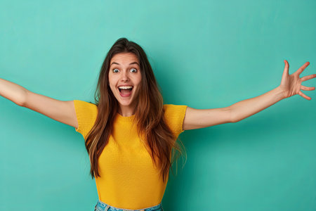 A young woman wearing a yellow knitwear singlet stands in front of a teal background, arms outstretched with a wide, joyful grin.の素材