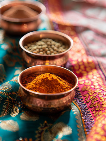 A close-up shot of traditional Indian spices in copper bowls, resting on a colorful fabric background. The spices, including turmeric, cumin, coriander, and garam masala, create a vibrant and fragrant scene.の素材