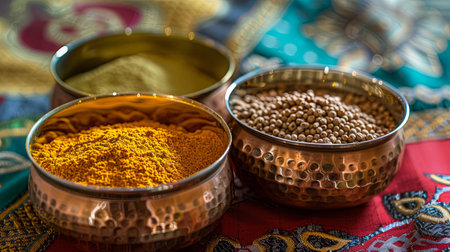 A close-up shot of three copper bowls filled with various Indian spices, including turmeric, cumin, coriander, and garam masala. The bowls rest on a colorful fabric background.の素材