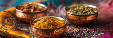 A close-up shot showcasing traditional Indian spices like turmeric, cumin, coriander, and garam masala, arranged in copper bowls atop a colorful fabric background.の素材