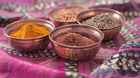 An assortment of traditional Indian spices, including turmeric, cumin, coriander, and garam masala, are displayed in copper bowls atop a colorful fabric background.の素材