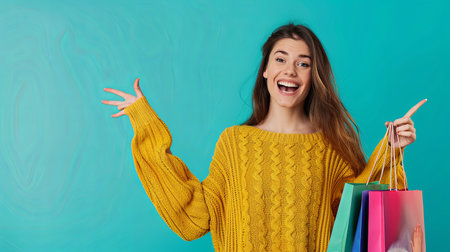 A woman in a yellow knit sweater stands against a turquoise background, excitedly presenting empty space, showcasing a fantastic sale.の素材