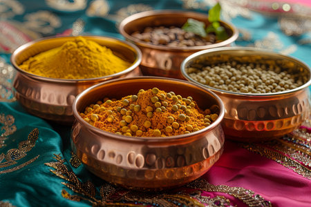 A close-up of traditional Indian spices arranged in copper bowls, set against a colorful fabric backdrop.の素材