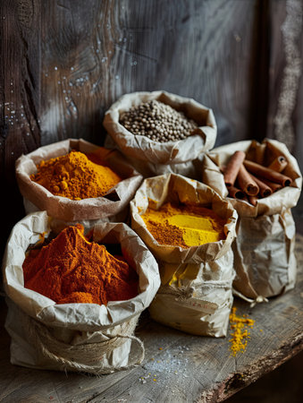 A close-up shot of various dry spices in open paper bags arranged on a rustic wooden surface. The spices include turmeric, paprika, and cinnamon.の素材