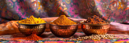 A close-up shot of various Indian spices in copper bowls, showing turmeric, cumin, coriander, and garam masala.の素材