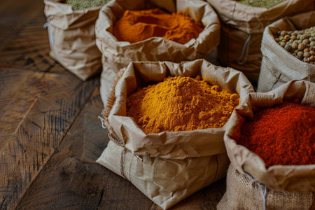 A close-up shot of various dry spices in open paper bags, arranged on a rustic wooden surface. The spices include turmeric, paprika, and cinnamon.の素材