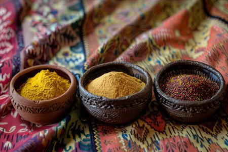 Traditional Moroccan spices, including saffron, ras el hanout, and cinnamon, are arranged in clay bowls on a colorful fabric background.の素材