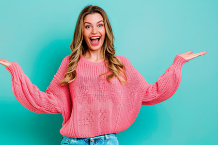A young woman in a pink knitwear sweater stands against a turquoise backdrop, with her arms outstretched, excitedly presenting an empty space for a sale promotion.の素材