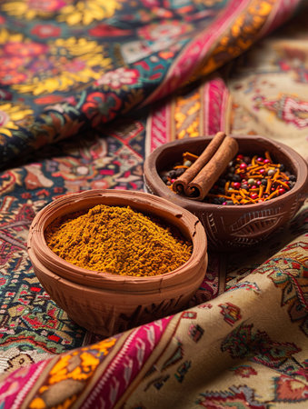 Clay bowls filled with traditional Moroccan spices like saffron, ras el hanout, and cinnamon, set against a backdrop of colorful fabric.の素材
