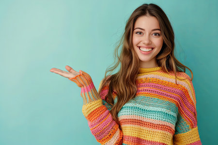 A woman in a colorful knitwear singlet smiles brightly while presenting an empty space with her outstretched hand, set against a vibrant turquoise background.の素材