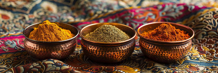 A close-up of three copper bowls filled with traditional Indian spices, including turmeric, cumin, coriander, and garam masala, set against a vibrant fabric background.の素材