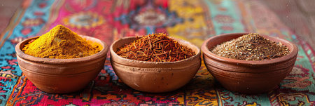 Three clay bowls filled with saffron, turmeric, and ras el hanout spices sit on a bright, colorful Moroccan rug.の素材