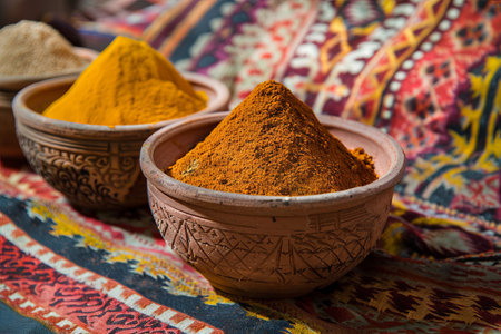 A close-up of traditional Moroccan spices in clay bowls, resting on a vibrantly patterned fabric.の素材