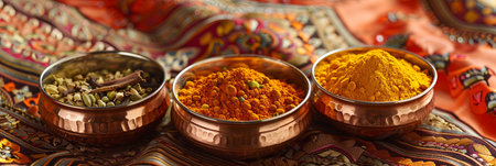 Traditional Indian spices, including turmeric, cumin, coriander, and garam masala, are arranged in copper bowls against a colorful fabric backdrop.の素材