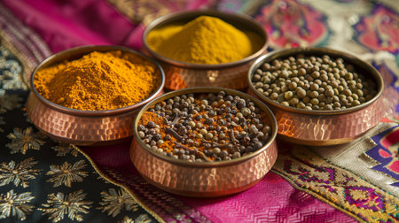 A close-up view of traditional Indian spices arranged in copper bowls against a colorful fabric background. The spices include turmeric, cumin, coriander, and garam masala.の素材