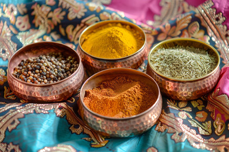 An array of traditional Indian spices, including turmeric, cumin, coriander, and garam masala, are displayed in copper bowls atop a colorful fabric background.の素材