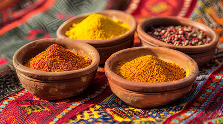 Traditional Moroccan spices, including saffron, ras el hanout, and cinnamon, are displayed in clay bowls on a colorful fabric backdrop.の素材