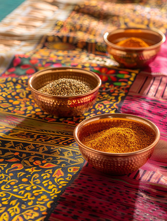 A close-up image of traditional Indian spices in copper bowls set against a colorful fabric backdrop. The spices, including turmeric, cumin, coriander, and garam masala, are beautifully arranged.の素材
