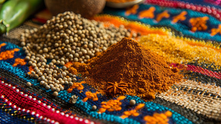 Traditional Mexican spices, including chili powder, cumin, and coriander seeds, are arranged on a colorful, patterned fabric background.の素材