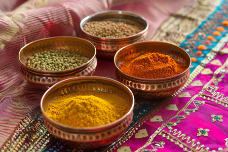 An assortment of traditional Indian spices, including turmeric, cumin, coriander, and garam masala, are displayed in copper bowls on a colorful fabric background.の素材